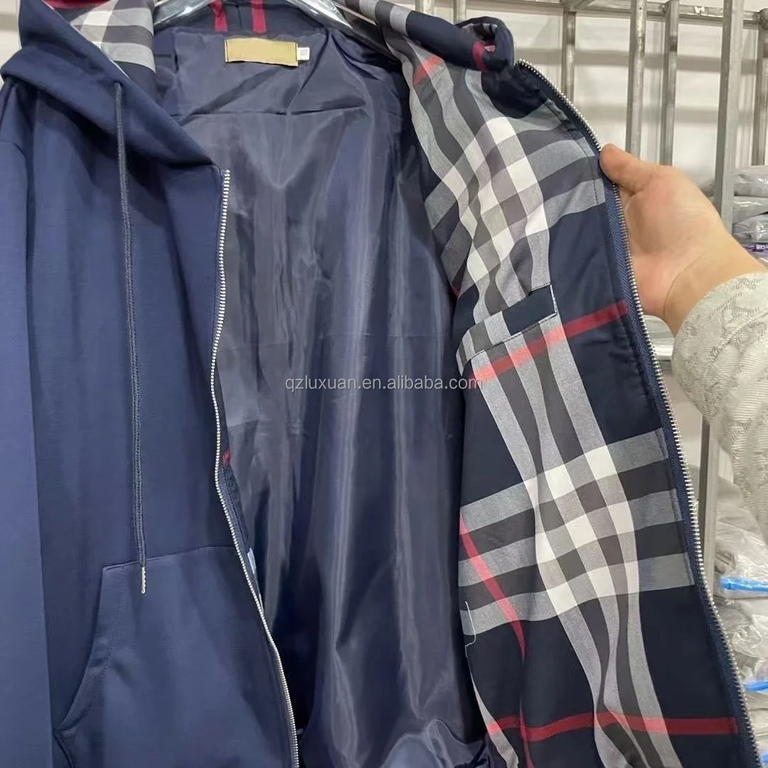 Custom logo Casual zipper hooded jacket for men 100% cotton striped retro bur berry plus size men lightweight coat