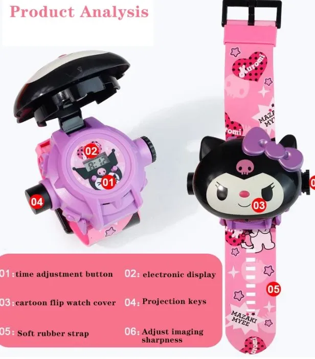 Hot Selling Ruunjoy Sanrioed Projection WatchKuromi My Melody Electronic Watch 24 Figure Projection Watch Flip Cute Toy Anime