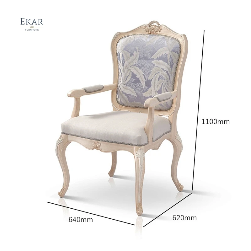 French Style Fabric Antique Wooden Carved Dining Armchair Solid Wood Frame Dining Chairs with Armrests