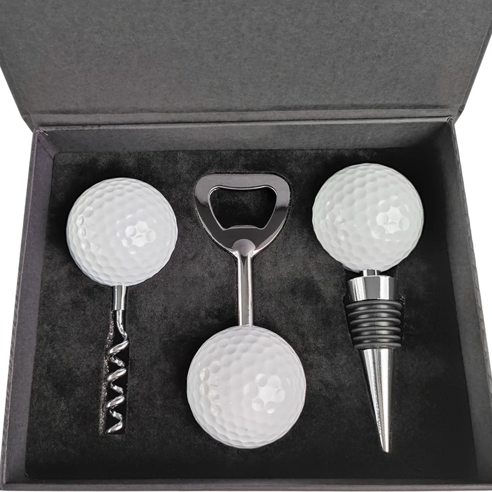 DT-golfset-S golf ball champagne bottle opener golf red wine stopper set customized logo and names golf advertisement gift set