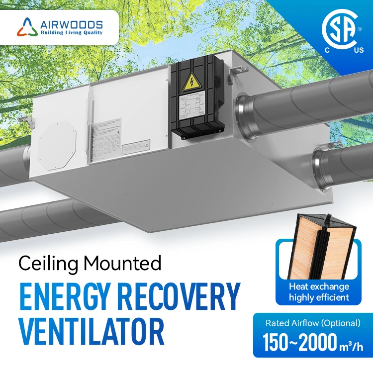 high ESP comfort fresh air ceiling erv by 5th generation enthalpy heat exchangers with plastic-encapsulated DC fans