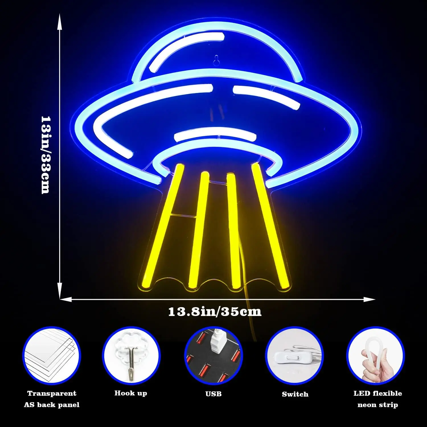 Weicao UFO Led Neon Sign 5V Dimmable USB Flying Saucer Star Space Neon Lights Signs for Party Bar Pub Festival Decor