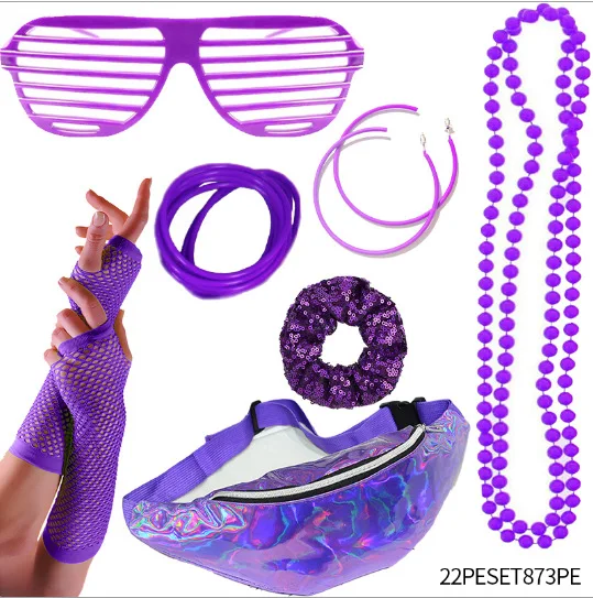 Wholesale hippie Cosplay Retro 19780s Costume Carnival Party  halloween hair bands gloves knee pads bracelets glasses