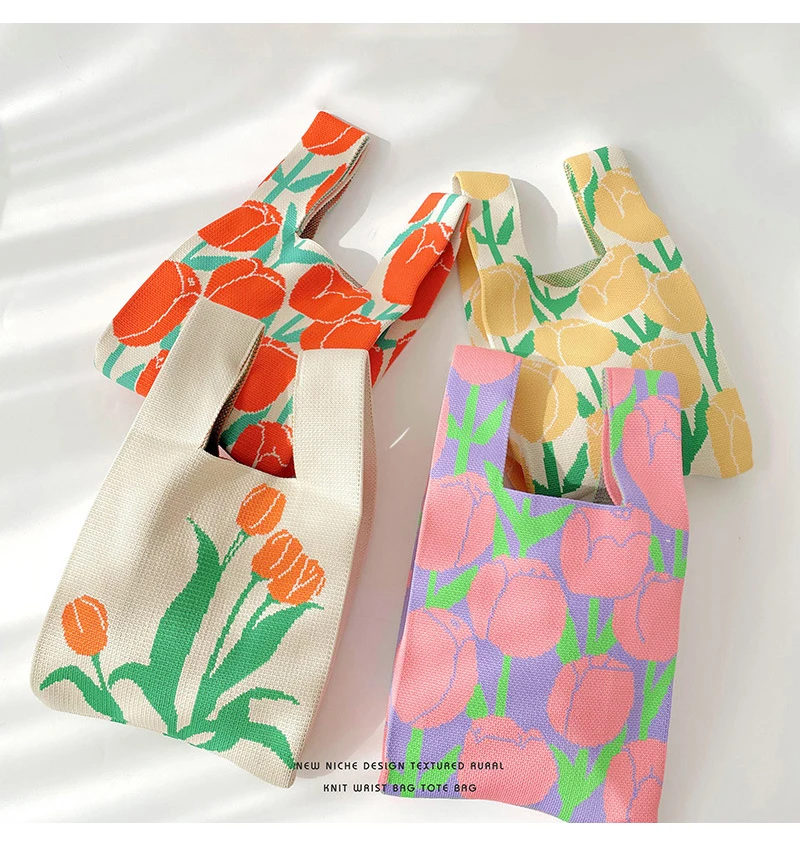 Fashion Design Flower Pattern Knitted Handbag Cute Ladies Casual Crochet Wallet Knitted Tote Bag