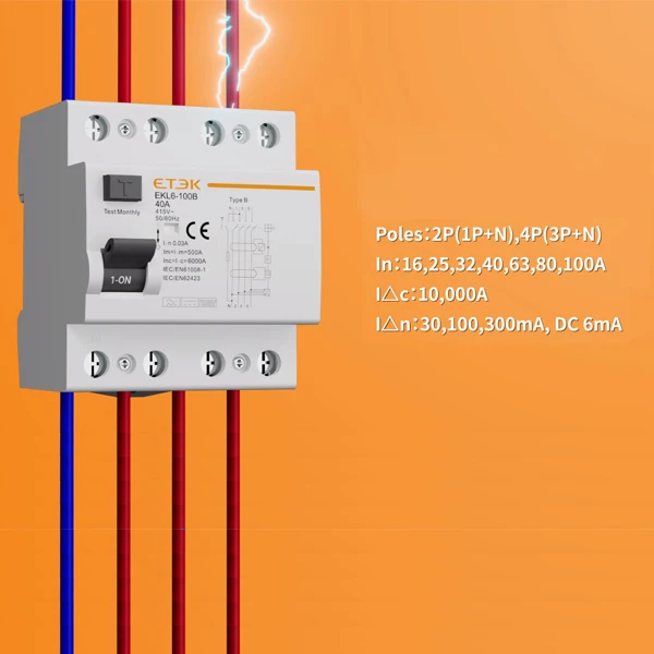ETEK EKL6-100B 4P 30mA Тип B RCD RCCB утечки земли размыкатели цепи 25A/40A/63A/ 80A/100A с Ассоциацией по техническому надзору (TUV в Китае (стандарты CE