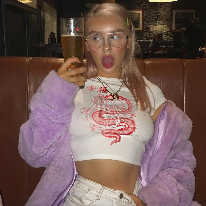 
Harajuku Women Crop Top Female Clothes Women Clothing Dragon Printed Chinese Style Fashion T-shirt Tops 