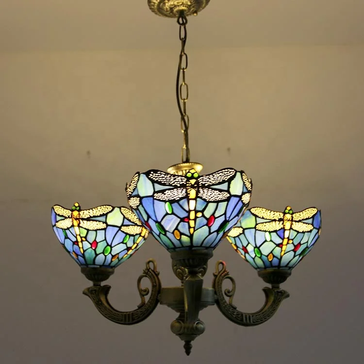LongHuiJing Tiffany Chandelier 3 Lights Stained Glass Chandeliers Lighting Fixtures Antique Style Ceiling Hanging lamps