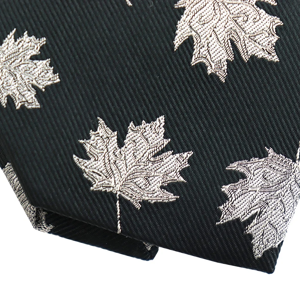 China Supplier Wholesale Customized Mens Necktie Falling White Maple Leaf Dark Green Jacquard Twill Men Custom Silk Tie Woven