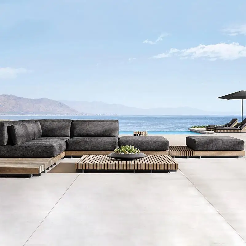 Villa Terrace Leisure Teak Sofa Patio Set Combination Outdoor Courtyard Waterproof Sunscreen Outdoor Solid Wood Sofa Furniture