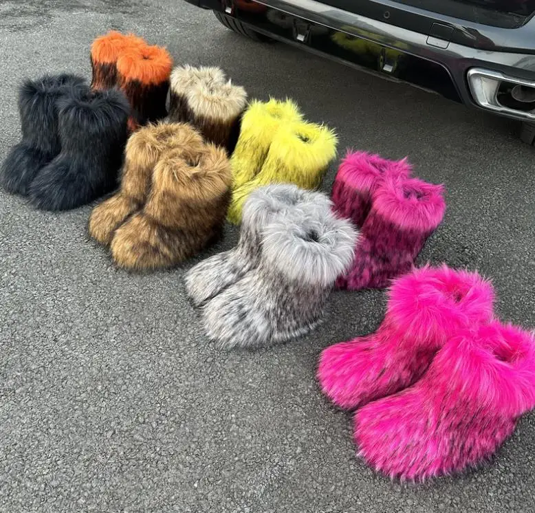 2024 new female warm animal fur fuzzy short boots plush flat cotton shoes hairy furry midi snow boots for women