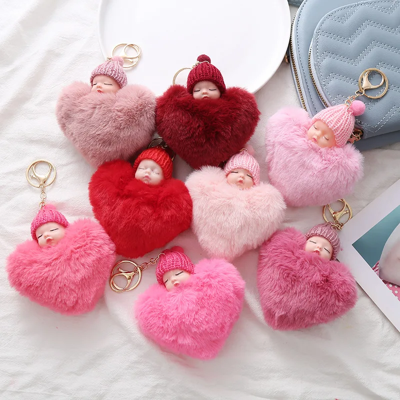 XR kawaii False rabbitfur sleeping baby doll Heart Pompom keychain for girls sweet Plush sleepy baby keychain