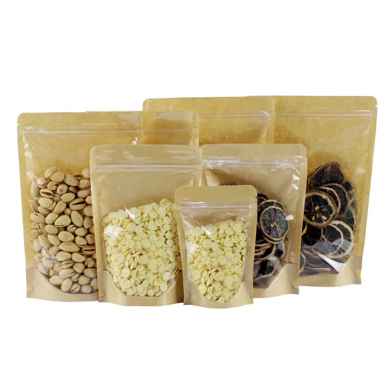 В наличии и на заказ Перезаправляемые пакеты с застежкой-молнией для упаковки продуктов прозрачные передние из крафтовой бумаги