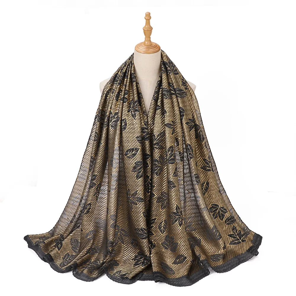Hot Sell Premium Printed-Chiffon-Fabric Hijab Maple Leaf Embossed Scarf Tourism Vintage Chiffon Hair Scarf