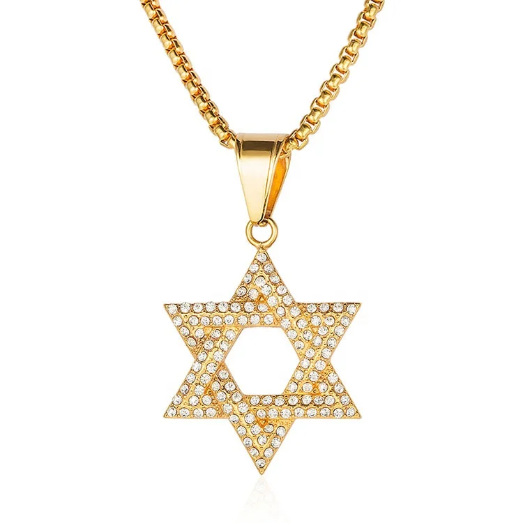 Wholesale Zircon Ice Out Men Jewelry Stainless Steel 18K Gold Plated Hexagram David Star Pendant