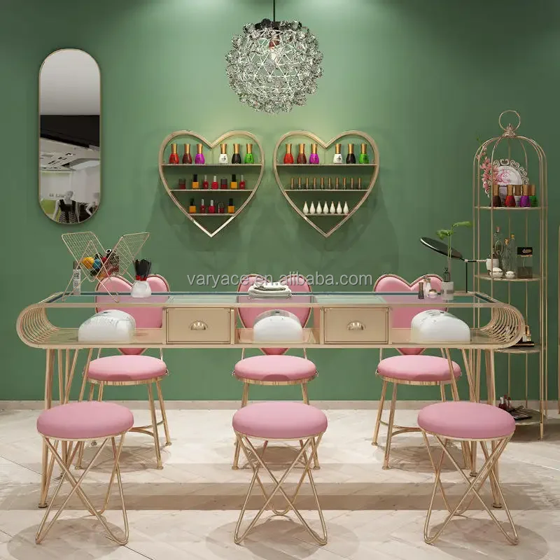 cheap gold metal nail table manicure table and chair set