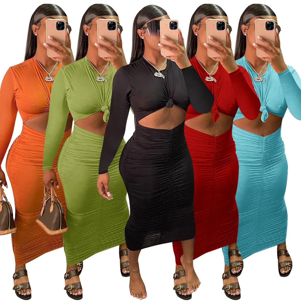 Fall Outfits Bodycon Solid Hollow Stacked Ruched Long Sleeve High Quality 2022 New Autumn Winter Knit Two Piece Women Skirt Set