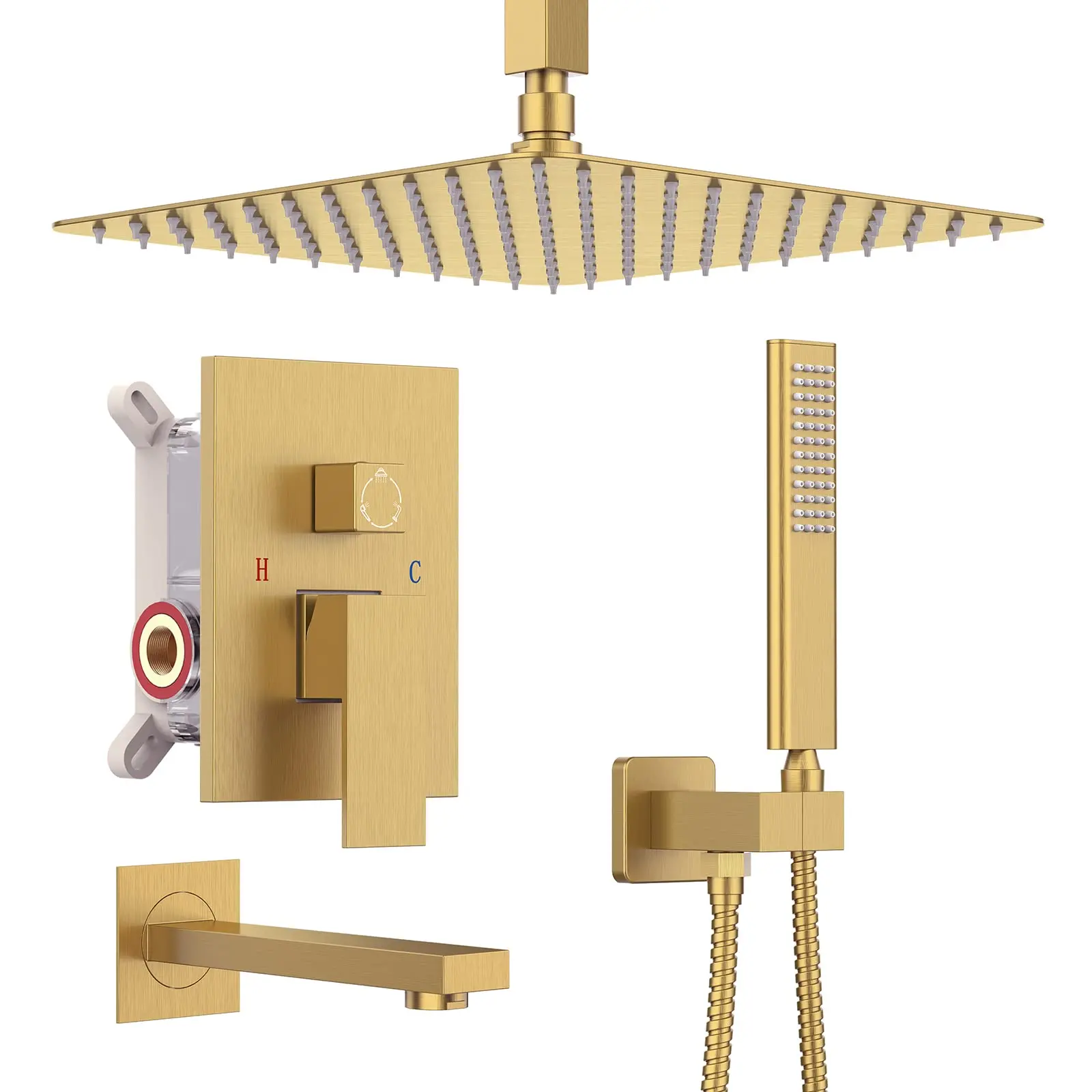 10 Inch Square Shower Head Rainfall System Fixtures Bath Mixer Faucet Wall Mounted Concealed Black Bathroom Shower Set