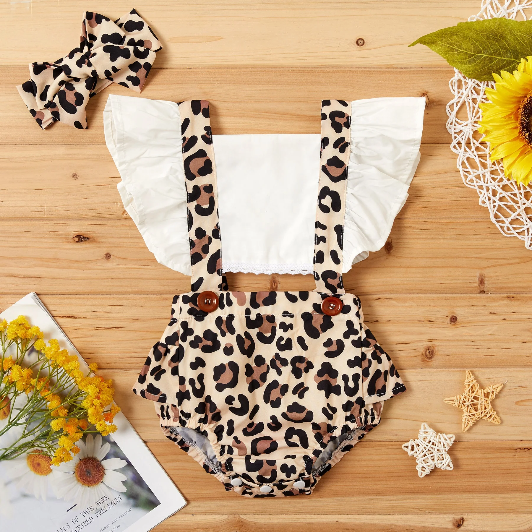 Wholesale sunflower leopard print summer halter strappy newborn romper 12 month baby girl dress