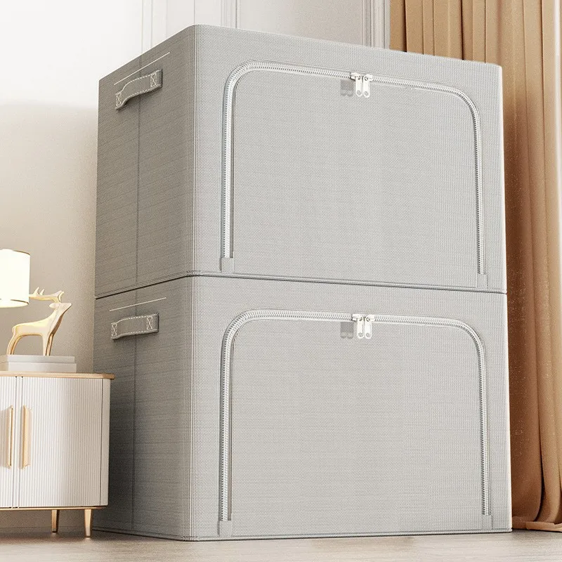 100L Large Clothes Storage Bins Foldable Metal Frame Stackable Oxford Bedding Sheet Box Organizer Set with Handles