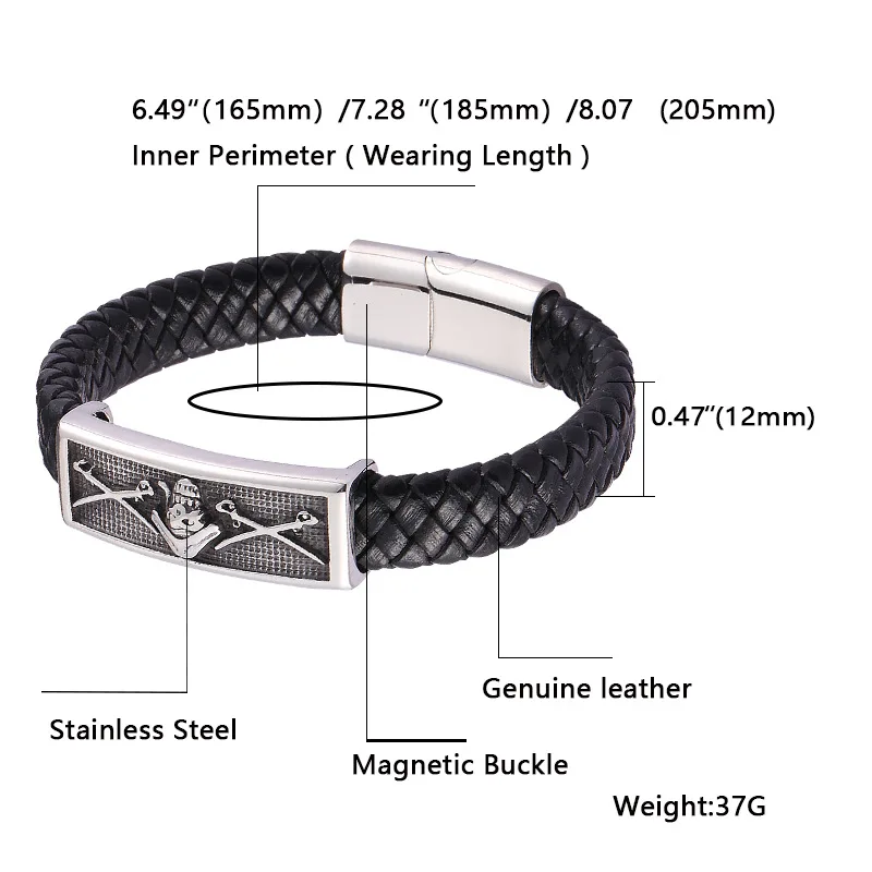 Wholesale Stainless Steel Pirate Sword Charm Magnet Clasp Braided Genuine Leather Bracelet For Men
