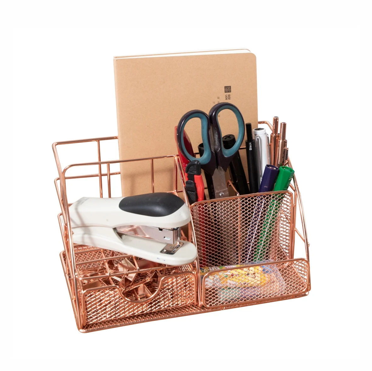 Metal Office Supplies and Accessories Holder Rack Large Size Multi Functional Rose Gold Mesh Desk Organizer