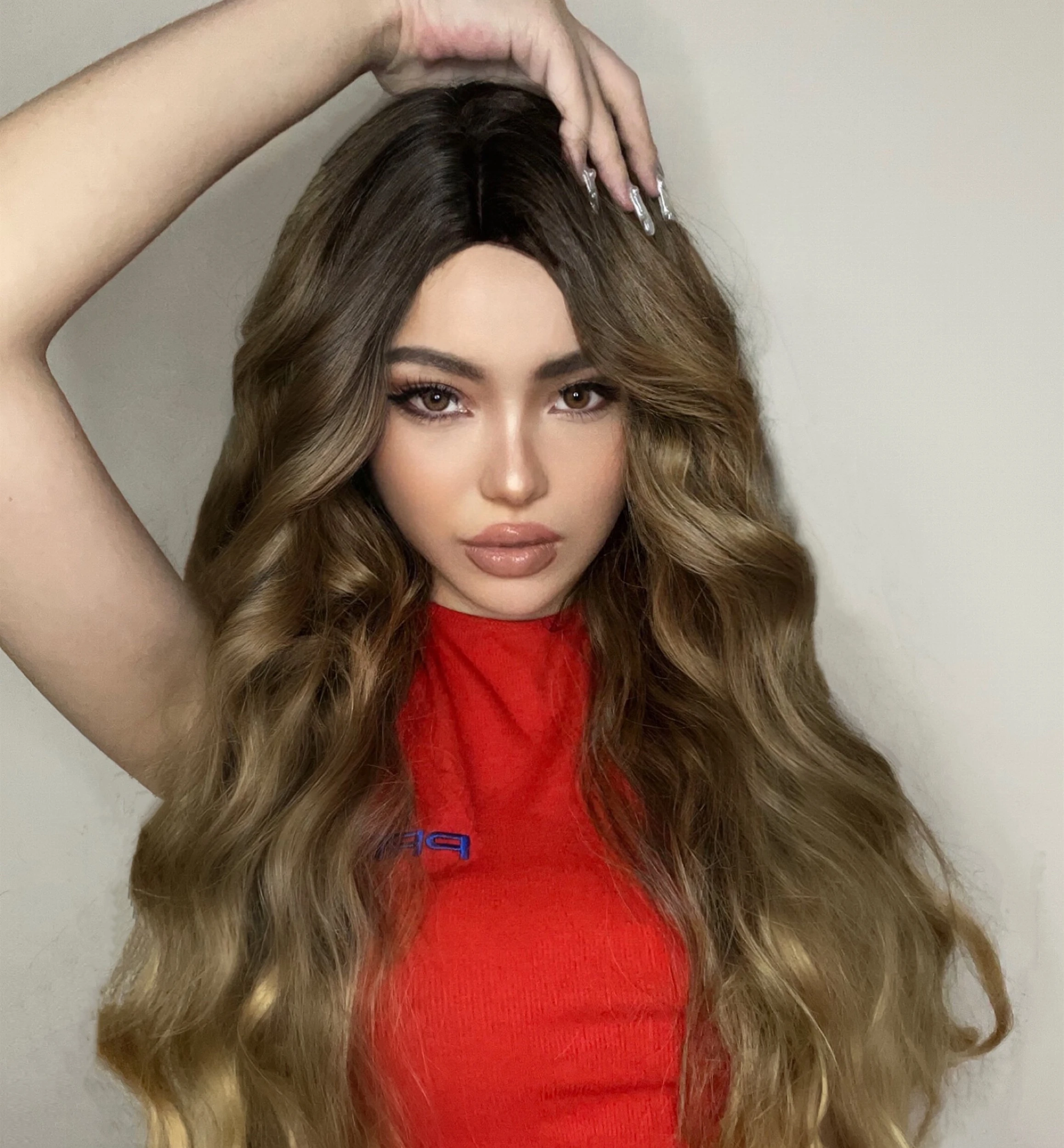 Ainizi Ready to Ship 26 in Long Wavy Synthetic Wigs Ombre Brown Blonde Wig for Women Natural Party Lolita Daily Hair Wig