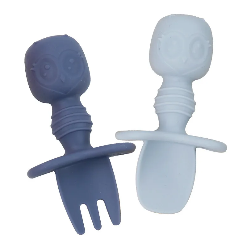 Silicone Baby Owl Training Fork and Spoon Set with Short Handle Kids Dining Fork and Spoon for Learning to Eat