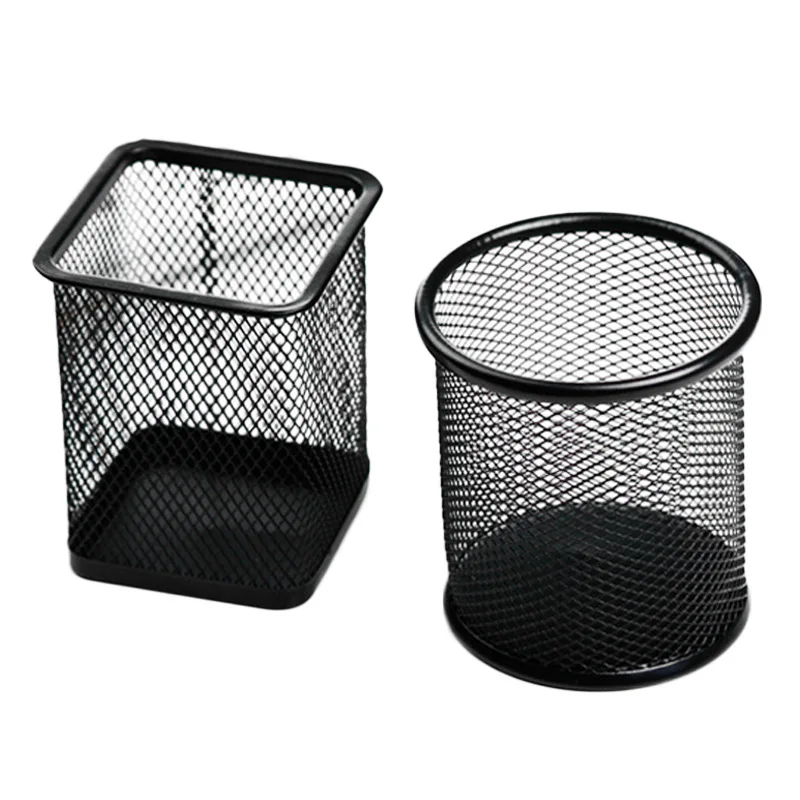 Round or Square Black Metal Mesh Desk Organizer Office Pencil Pen