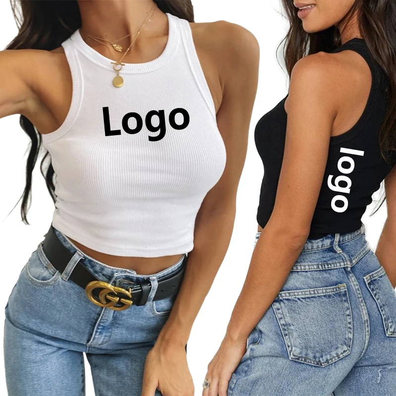 
2021 Hot Custom Logo Summer Lady White Black Ribbed Crop Tank Top Women 