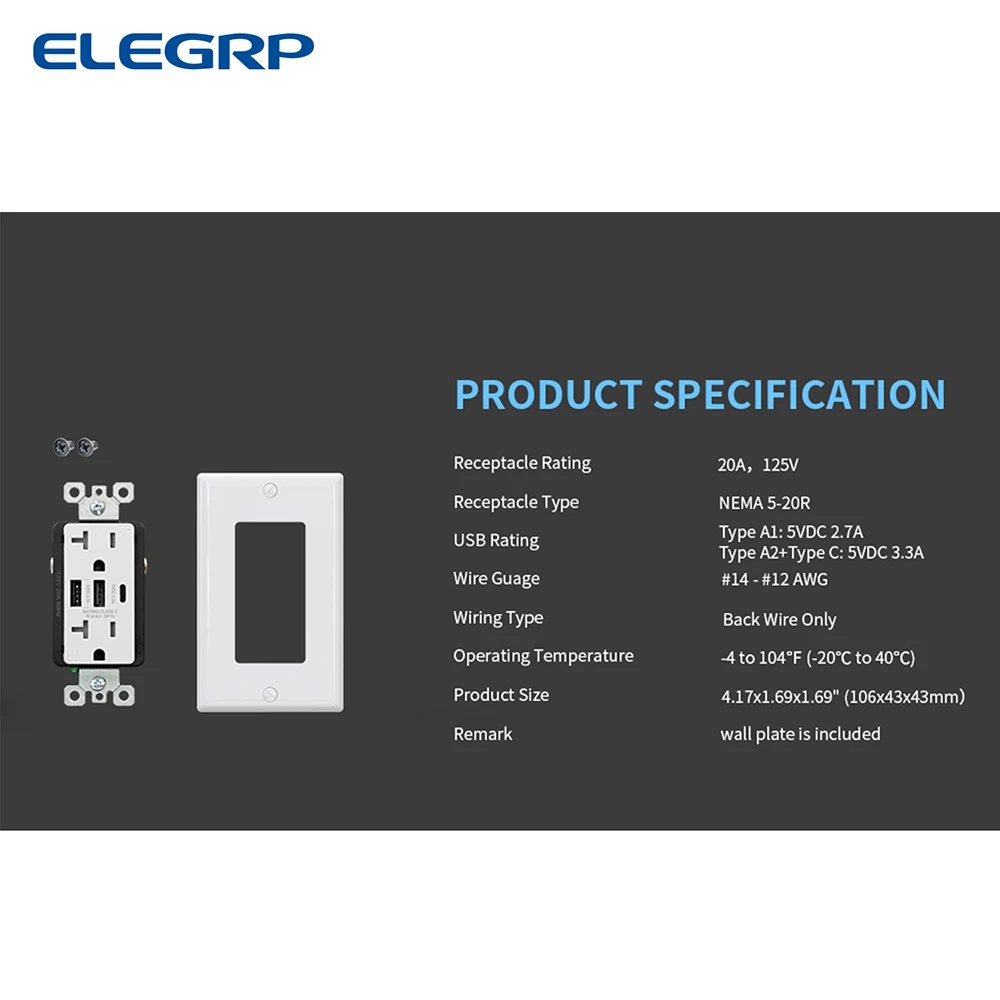 ELEGRP 6.0 Amp USB Charger Dual USB A&C por 20 Amp NEMA 5-15R In-wall Outlet 3 ports USB Receptacle Outlet