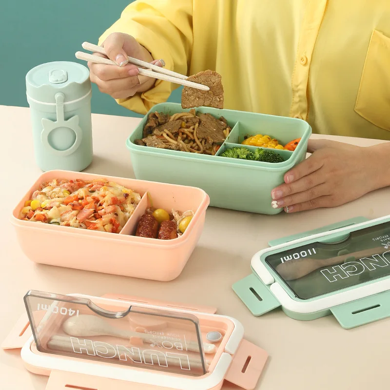 Outdoor portable large-capacity compartment student bento box with cutlery work single-layer lunch box can be microwave oven
