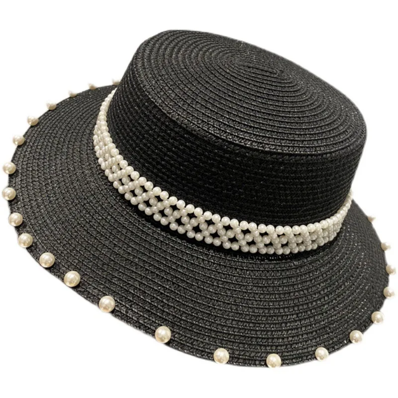 fashion chic women paper Straw boater Hat beach UV protection sun hat with pearls