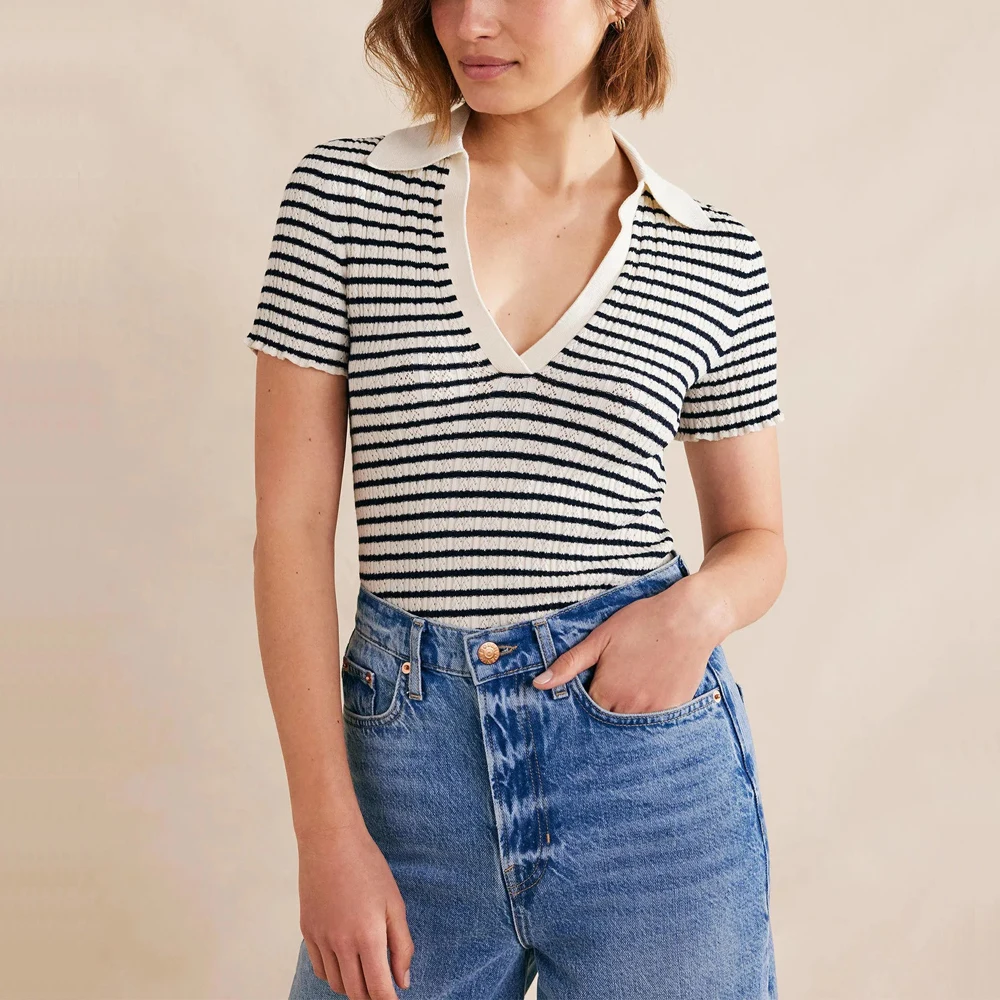 HDBD23006B Spring Autumn Winter V-neck Single-breasted Ladies Striped Sweaters Tops Full Sleeve Loose Female Knitted Cardigans