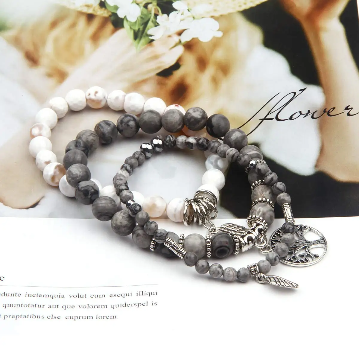 Tree of Life Pendant Map Stone and Tibetan agate gem Chakra beaded natural stone bracelet