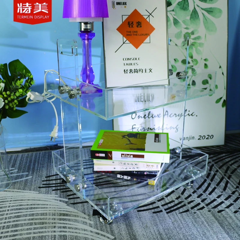 New Customized Assembly Rolling Clear Lucite Perspex Food Trolleys Acrylic Serving Bar Carts