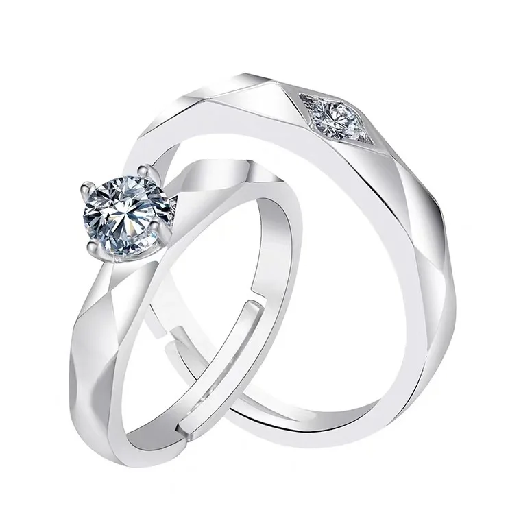 2Pcs/set Cz Cubic Zirconia Couple Promise Enagaement Rings Adjustable Silver Wedding Rings Couple Set for Lovers