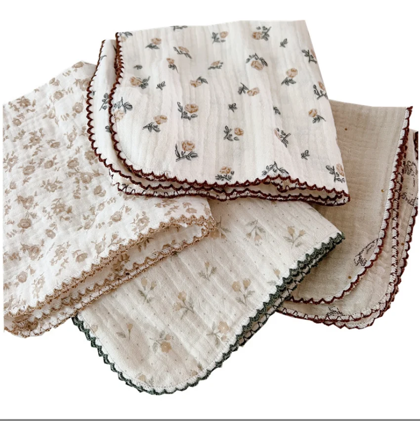 4packs 4 layers Soft And Breathable Prewashed Cotton Vintage Floral Muslin Baby Burp Cloth Bibs set