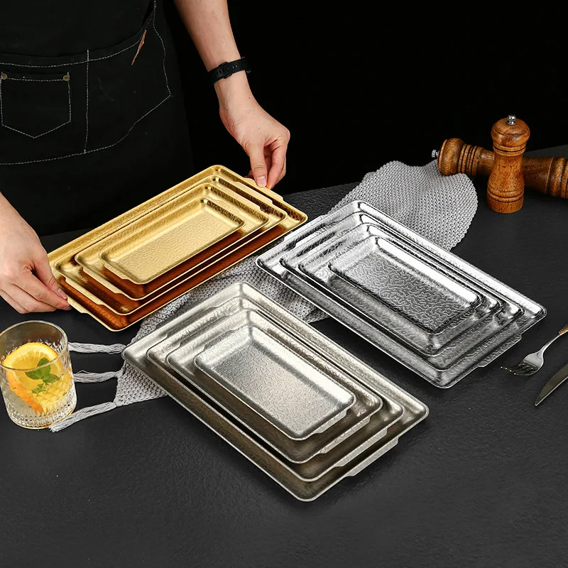 Factory Wholesale Stainless Steel Korean Rectangle Serving Tray Gold Reusable Flat Plate BBQ Hotel Decor