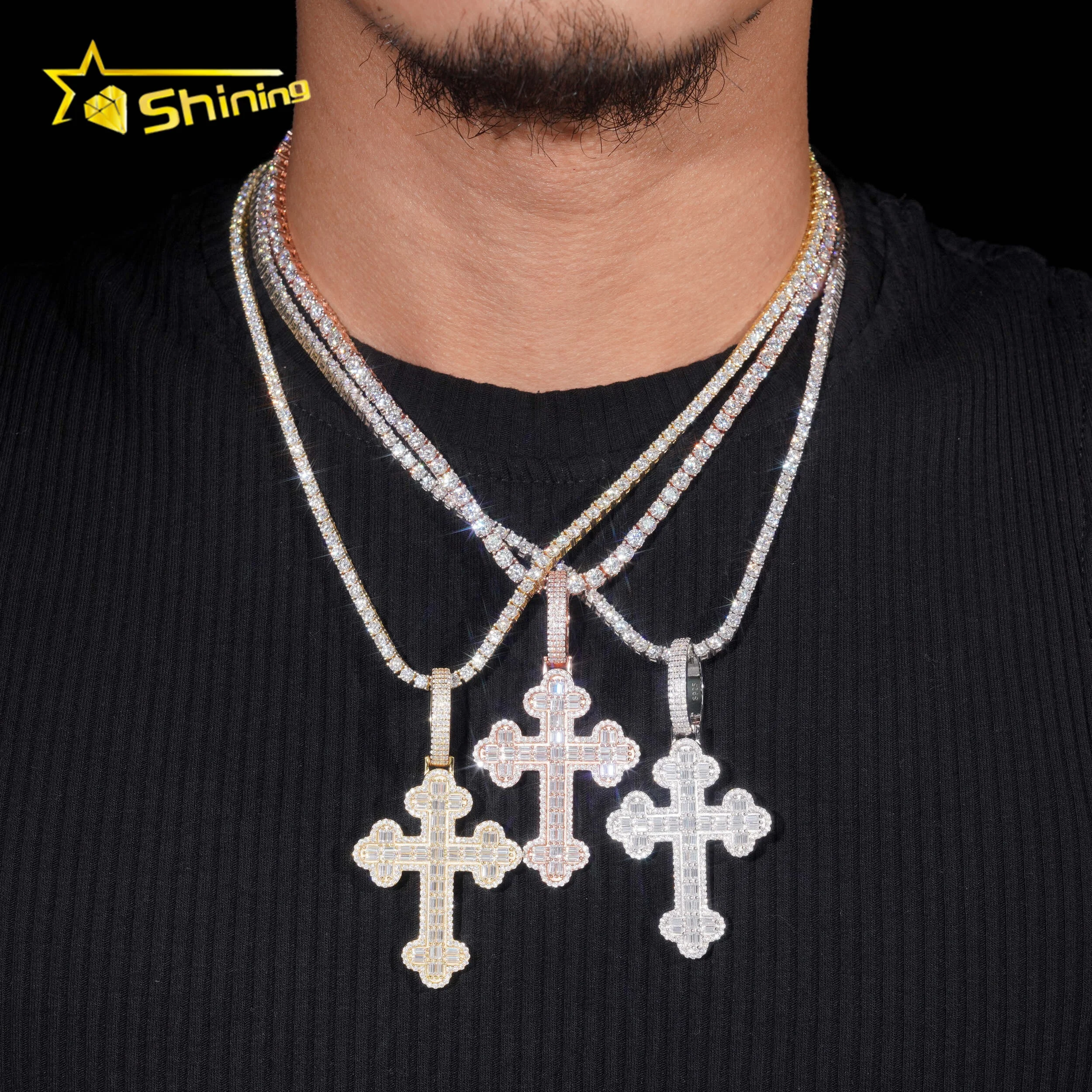 Hip Hop Jewelry 925 Sterling Silver Gold Plated VVS Moissanite Diamond Men Necklaces Moissanite Cross Custom Iced Out Pendants