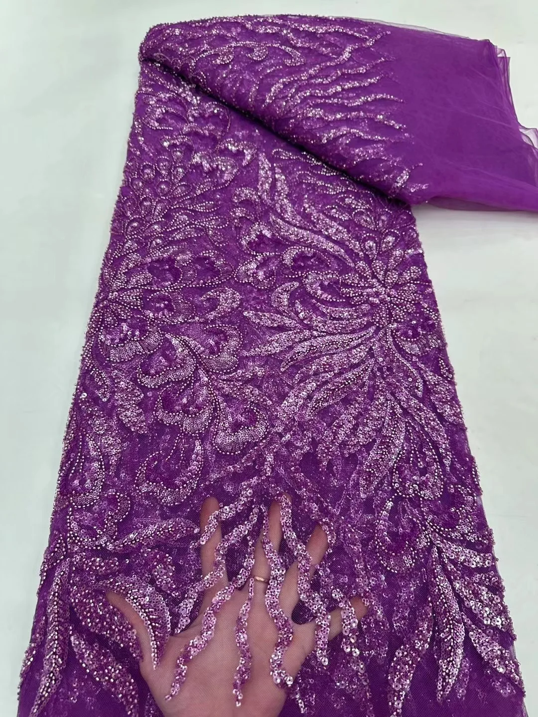 NI.AI Luxury Leaf-Shaped Beaded Net Lace High Quality Embroidered Sequins Lace Fabric with Pearls for Wedding Dress Materials