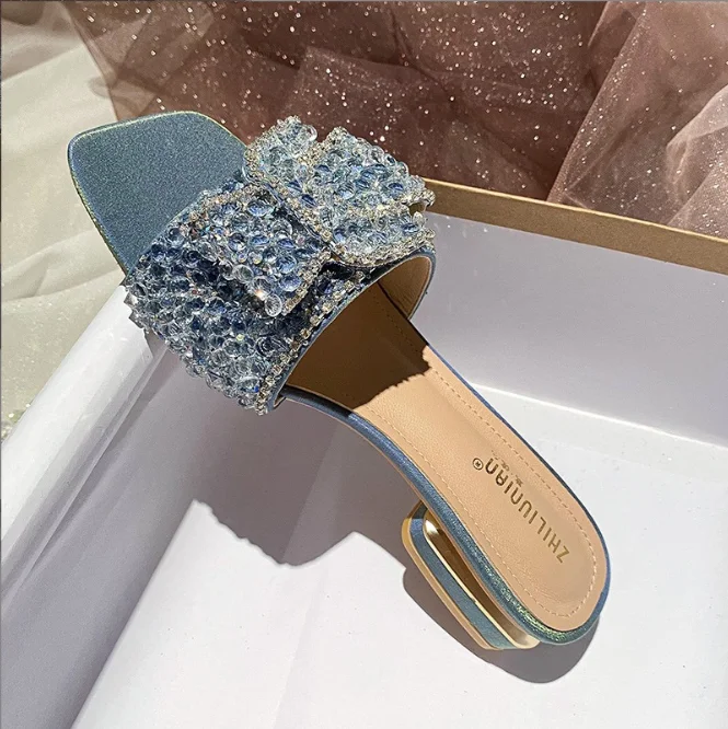 Low Block Clear Heel Rhinestone Pearl Slippers Sandals Crystal Clear Heel Sandal Shoes Slippers With Clear Heels