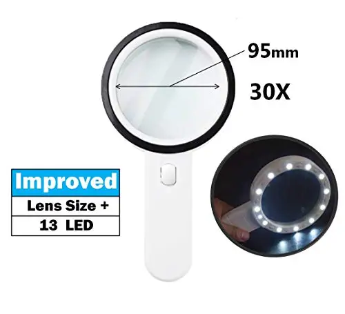 
30X Handheld Large Magnifying Glass 12 LED Illuminated Lighted Magnifier for Seniors Reading,Inspection, Jewelry, Explorer 