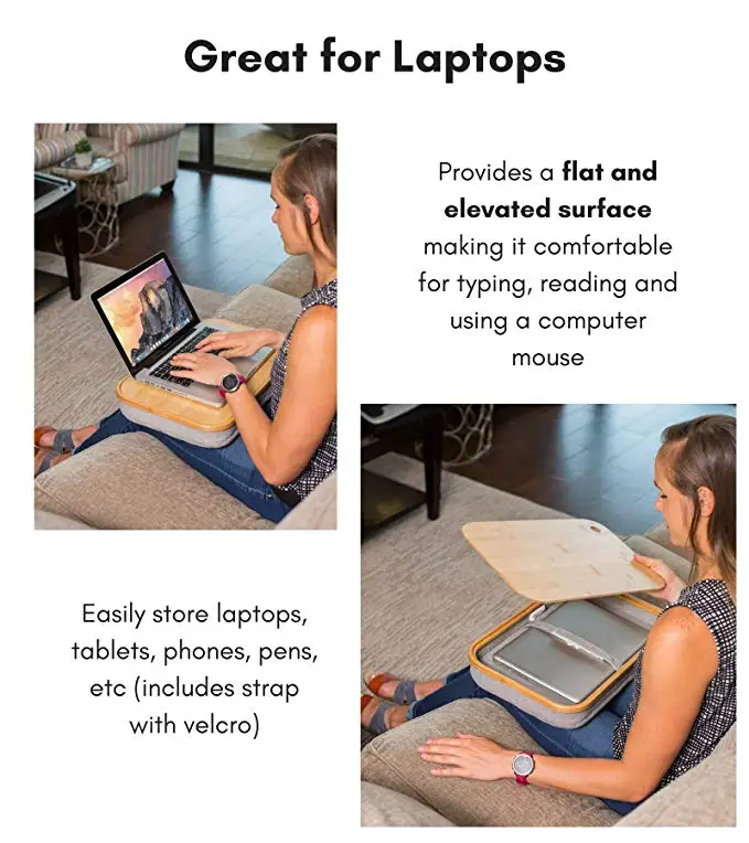 Bamboo Lap Desk with Laptop Storage Compartment - Pillow Cushioned Laptop Accessories Book Stand .