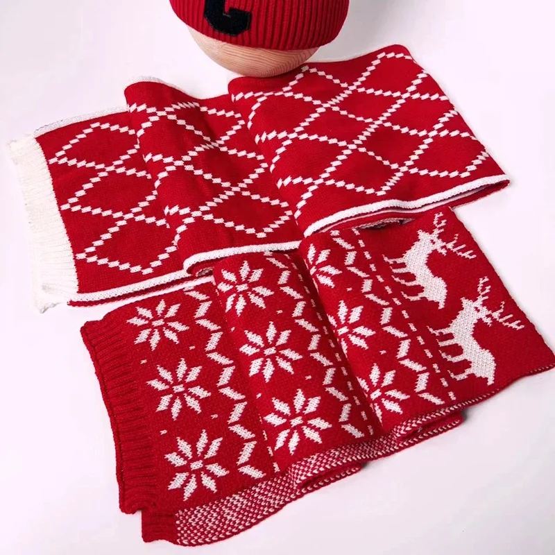 Factory Stock Red Knitted Winter Christmas Scarf Acrylic Scarf Jacquard Christmas Necklaces for Kid and Women