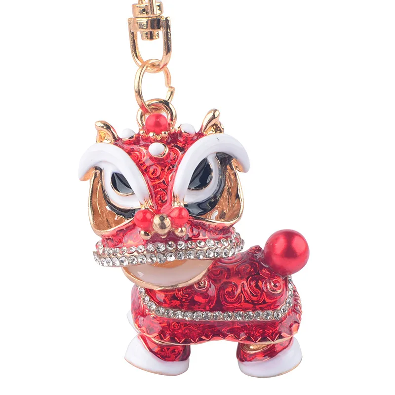 Creative gift Chinese style lion diamond car decoration key chain pendant lion dance alloy cartoon lion dance metal key ring