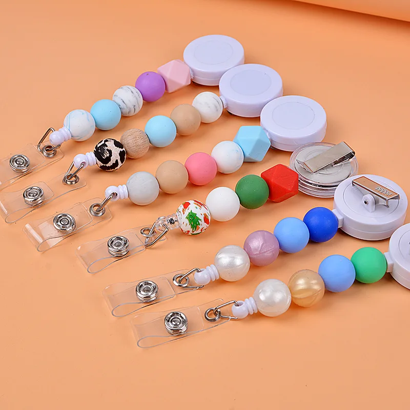 Add a bead Retractable Name ID Badge Reel Metal White Beadable Keychain Holder With Clip