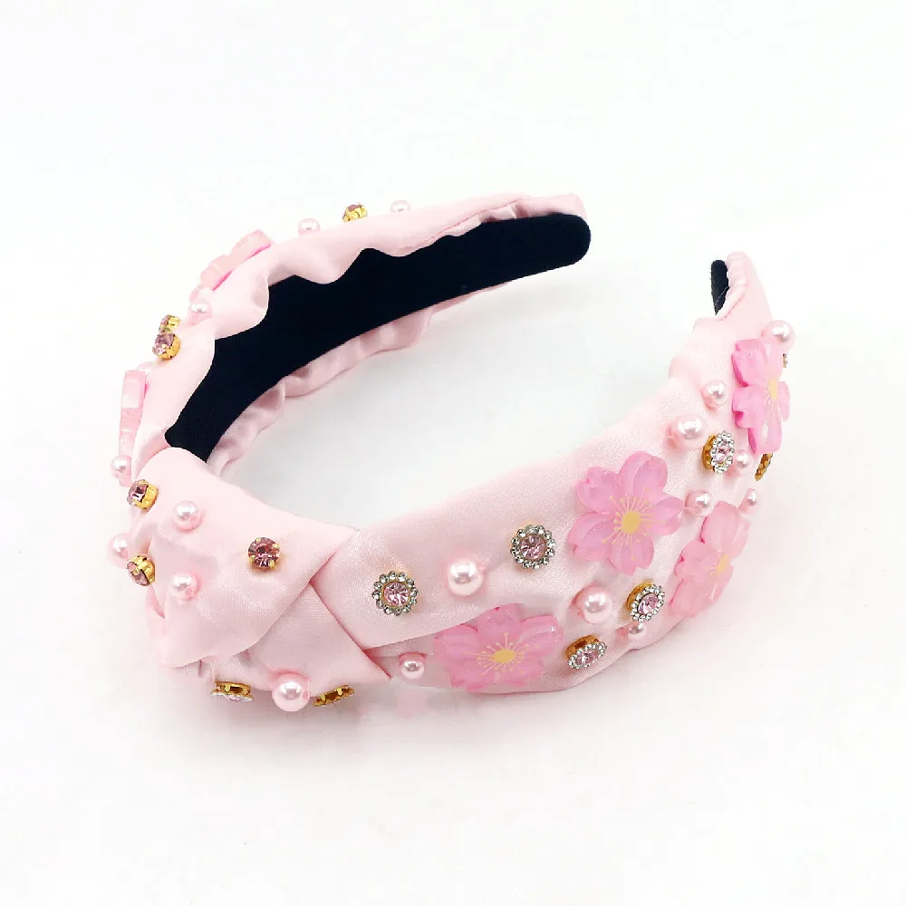 Dream Fashion Hand Sewn Crystals Luxury Crystal Peach Flower Charm Stain Silk Headband Top Knotted Designer Bling Headband