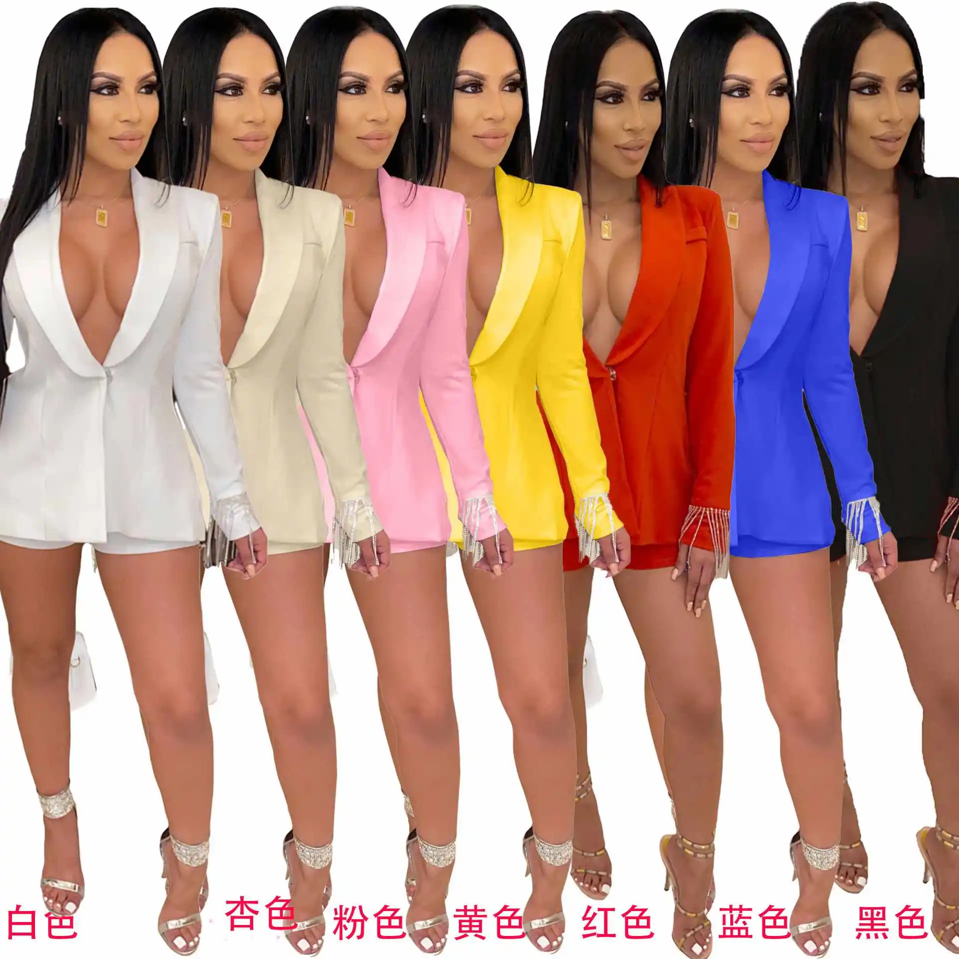 2023 women ladies suits set sexy plus size luxury solid color long sleeve front lace up lapel collar blazer