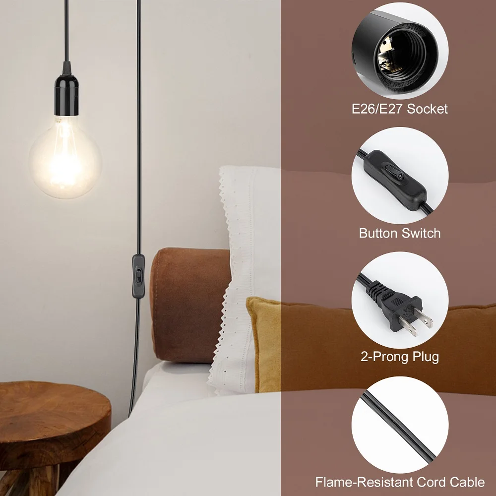 JACKYLED Pendant Light Bulb Socket 20Ft Extension Cord Cable Lamp Bases Power Cord Switch Line