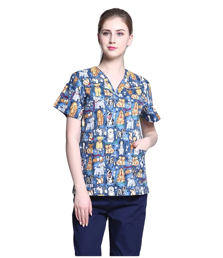 China Custom Summer Hospital medical scrubs nursing uniforms printed top and pants for unisex
